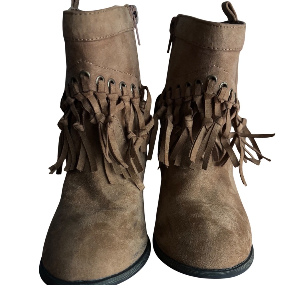 Knotted Fringe Ankle Boots Suede Western Style Tan‎ Brown Kids Girls Size 2 VGUC